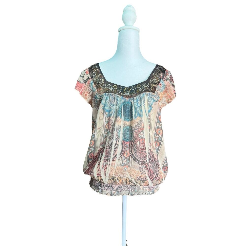 Y2K Boho Peasant Top Sz M Sheer Paisley Print Rhinestone Hippie Festival Chic